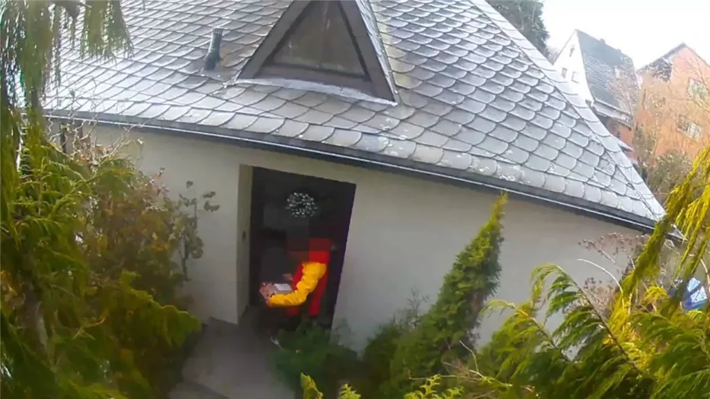 Aufnahme einer Türkamera: Ein Paketbote steht mit einer Sendung vor einem Hauseingang